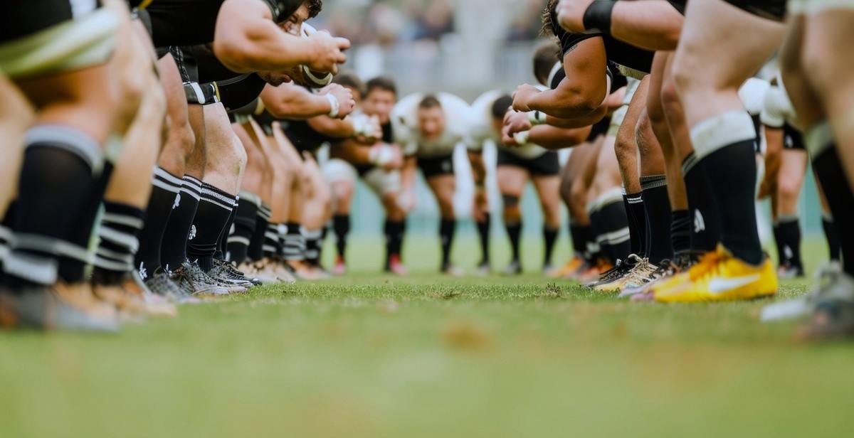 Two rugby teams crouched in scrum formation on a grassy field, wearing black and white uniforms. The scene is tense and focused, capturing sportsmanship.