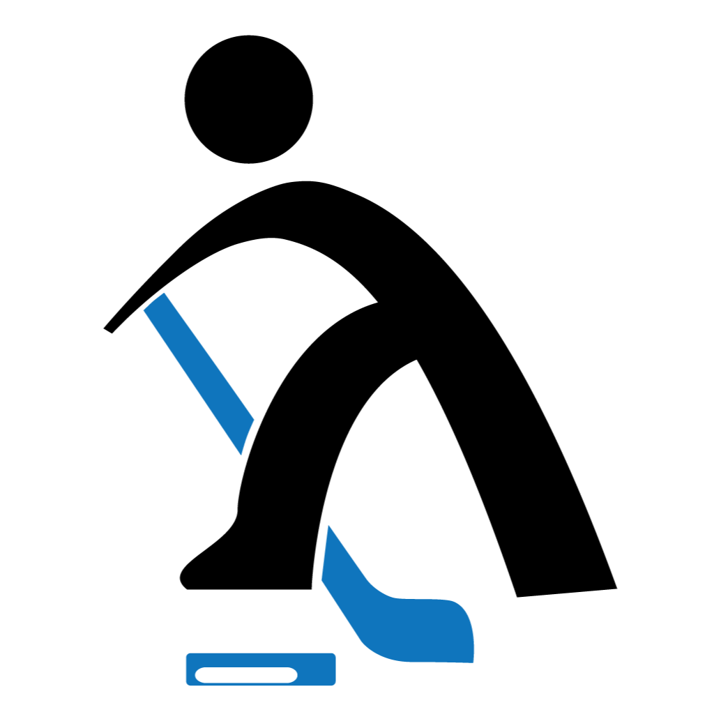 Stylized icon of a person playing hockey, with a black figure holding a blue stick and facing a blue puck